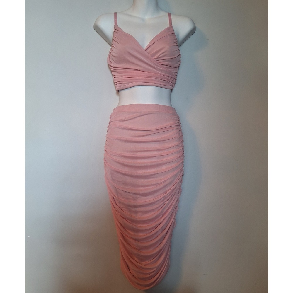 Fashion Nova Pink Ruched Mesh 2 Piece Set Crop Top Midi Skirt Size Small - Picture 1 of 6